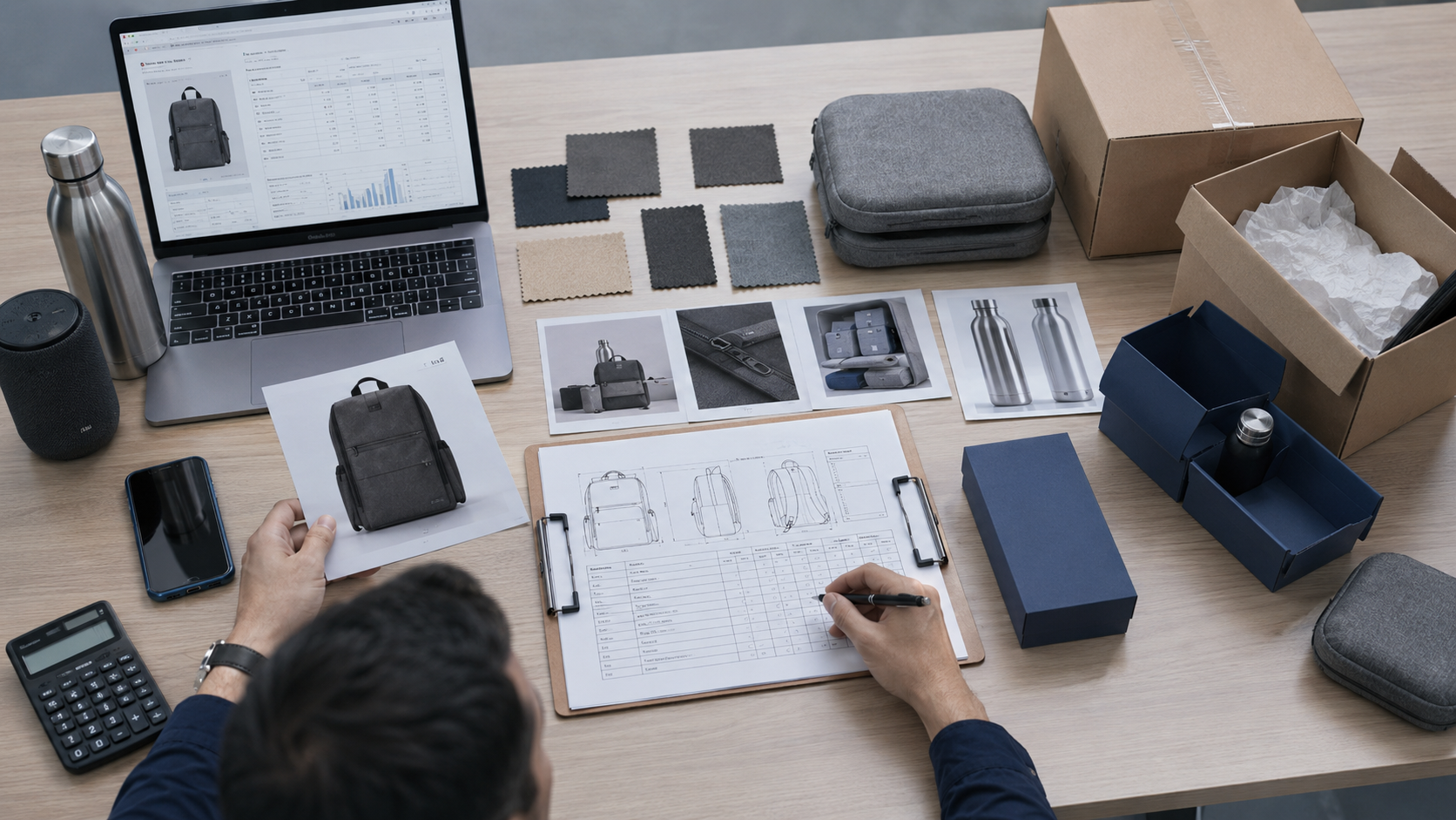 Product design workstation with photos, reference files, and sourcing inquiry notes